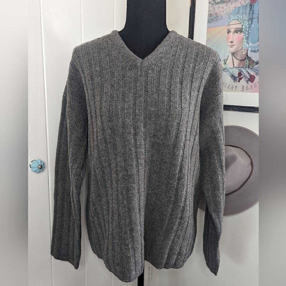 J. Crew Gray Cable Knit Fisherman V-Neck Sweater M